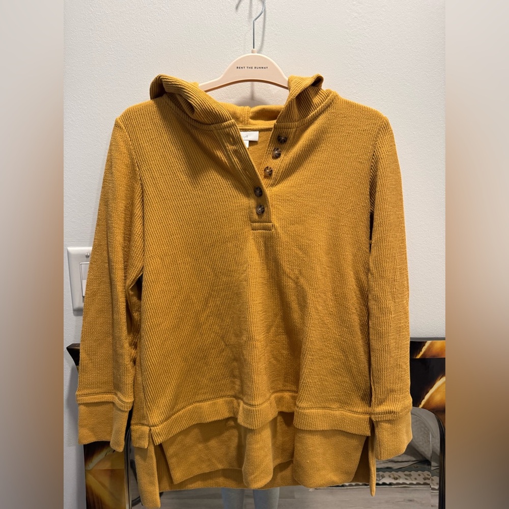 J Jill Sweater Women's Small Yellow Hooded Pullover 1/4 Button Cotton Blend